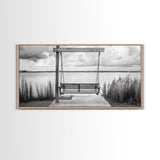 Rustic Lake Swing, Tranquil Nature Scene, Porch Art, Landscape Photography, Framed Canvas Print, Country Decor, Living Room Wall Art