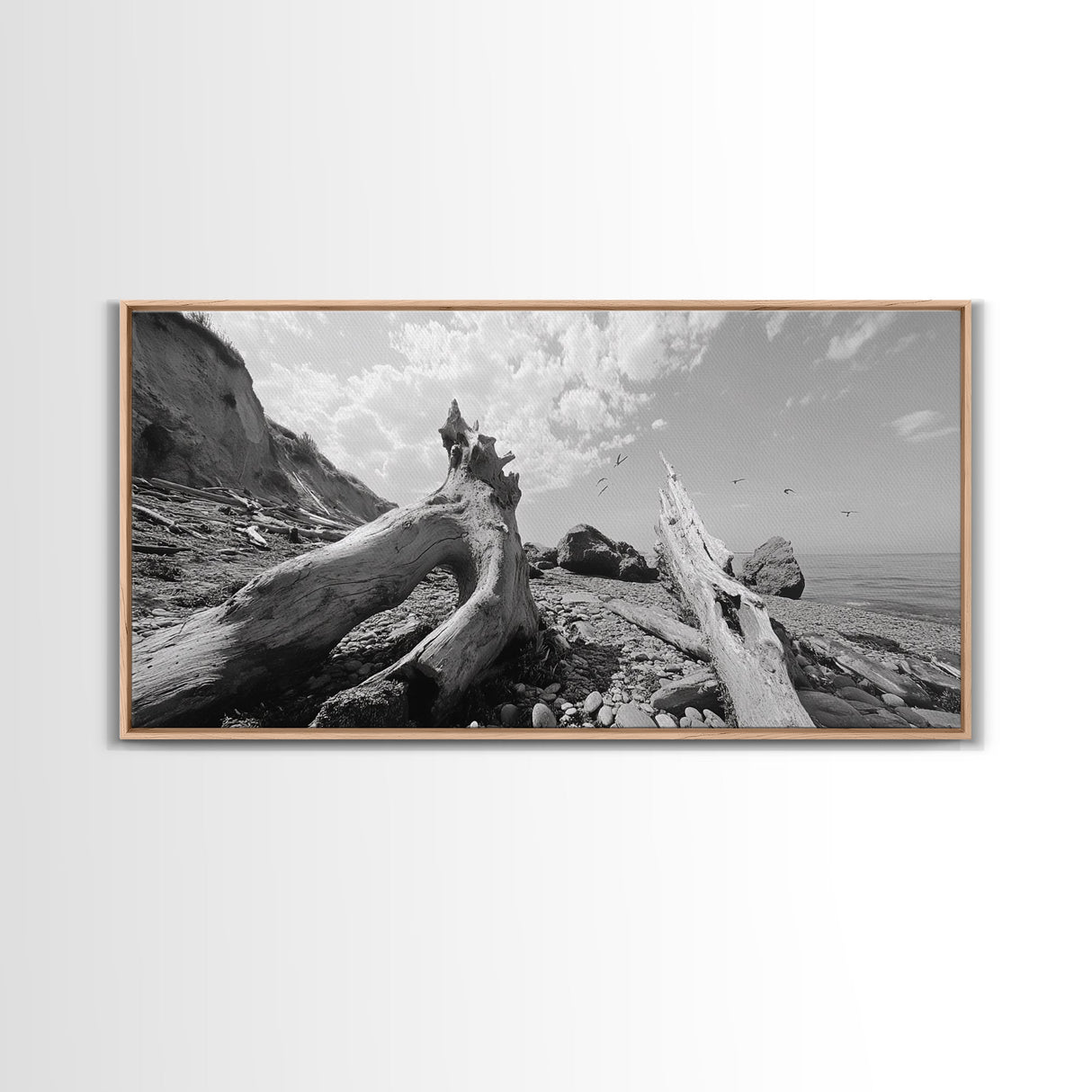 Coastal Driftwood, Beach Landscape, Pebble Shore Scene, Natural Decor Accent, Canvas Print, Relaxed Vibe, Entryway or Den Wall Art