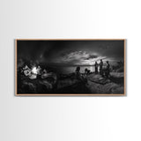 Campfire Gathering, Boho Night Vibes, Music Outdoors Scene, Framed Canvas Print, Living Room Wall Art, Folk Rustic Aesthetic