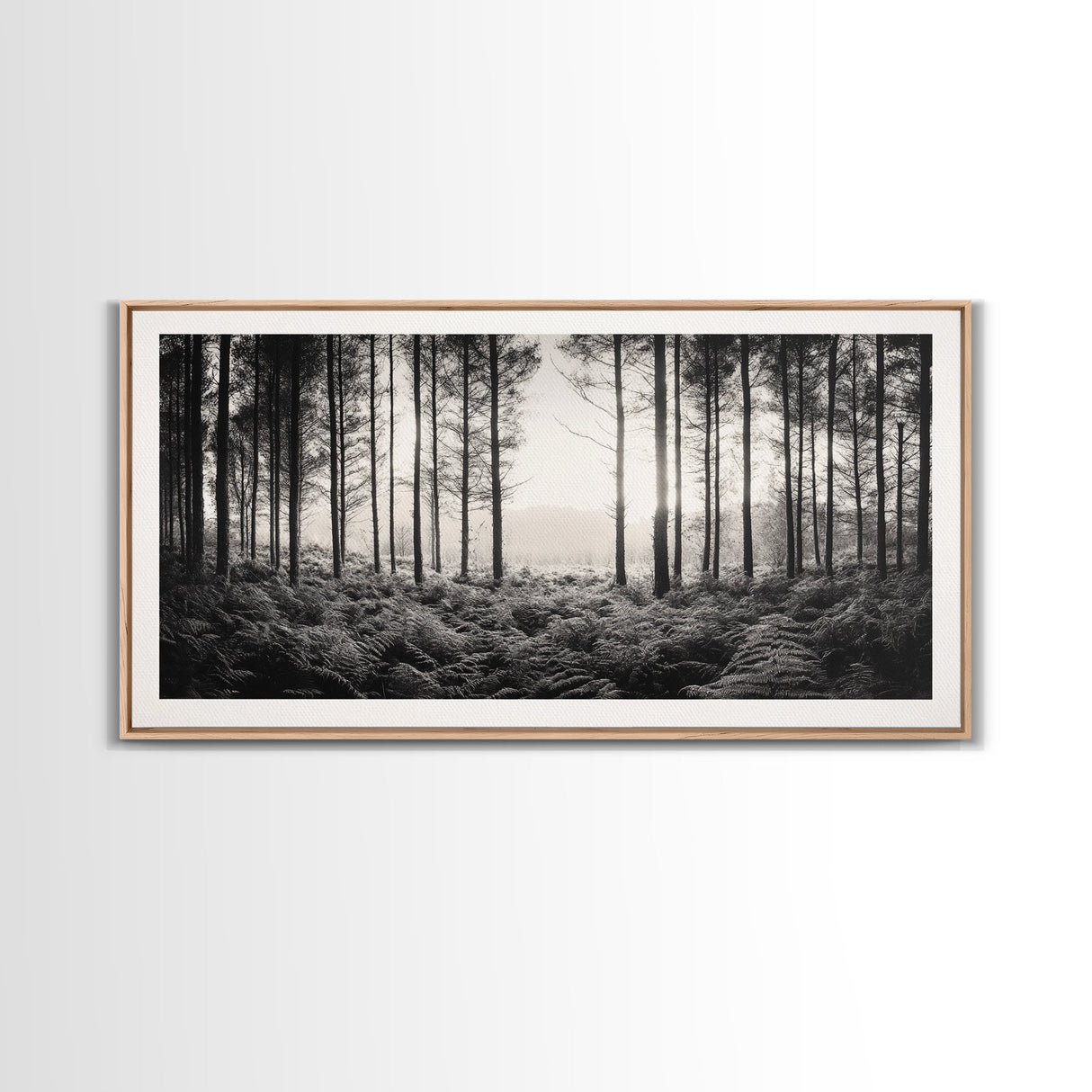 Forest Light Scene, Tall Trees Shadows, Nature Mist Pathway, Framed Canvas Print, Woodland Bedroom Art, Boho Rustic Wall Decor