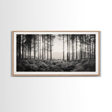 Forest Light Scene, Tall Trees Shadows, Nature Mist Pathway, Framed Canvas Print, Woodland Bedroom Art, Boho Rustic Wall Decor