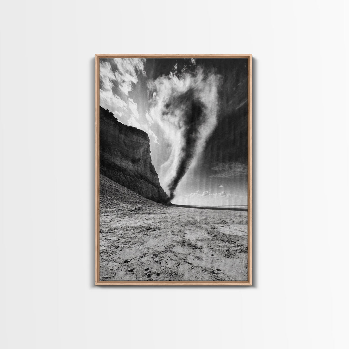 Tornado Beach Scene, Stormy Skies, Black and White Drama, Nature Photography, Framed Canvas Print, Office Wall Art, Moody Minimalist Decor