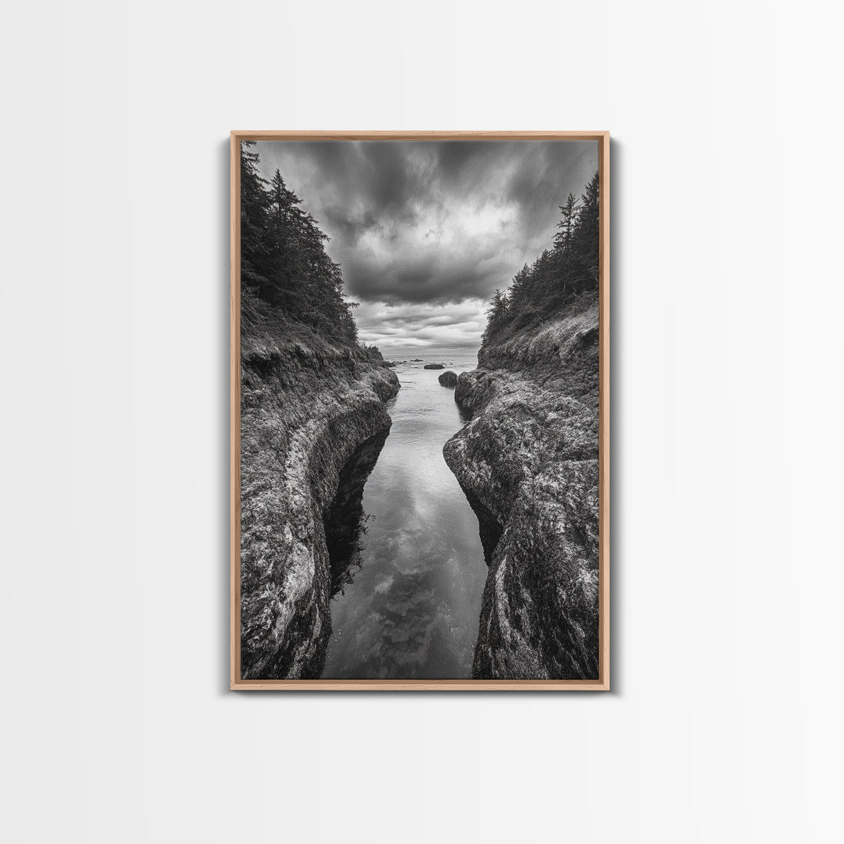 Rocky Waterway, Coastal Reflections, Dramatic Cloudscape, Ocean Nature Print, Framed Canvas Print, Bathroom Wall Art, Modern Rustic Style