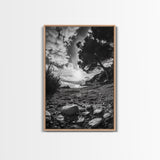 Sunset Beach View, Wide Angle Perspective, Nature Shoreline, Monochrome Landscape, Framed Canvas Print, Hallway Wall Art, Beach Decor