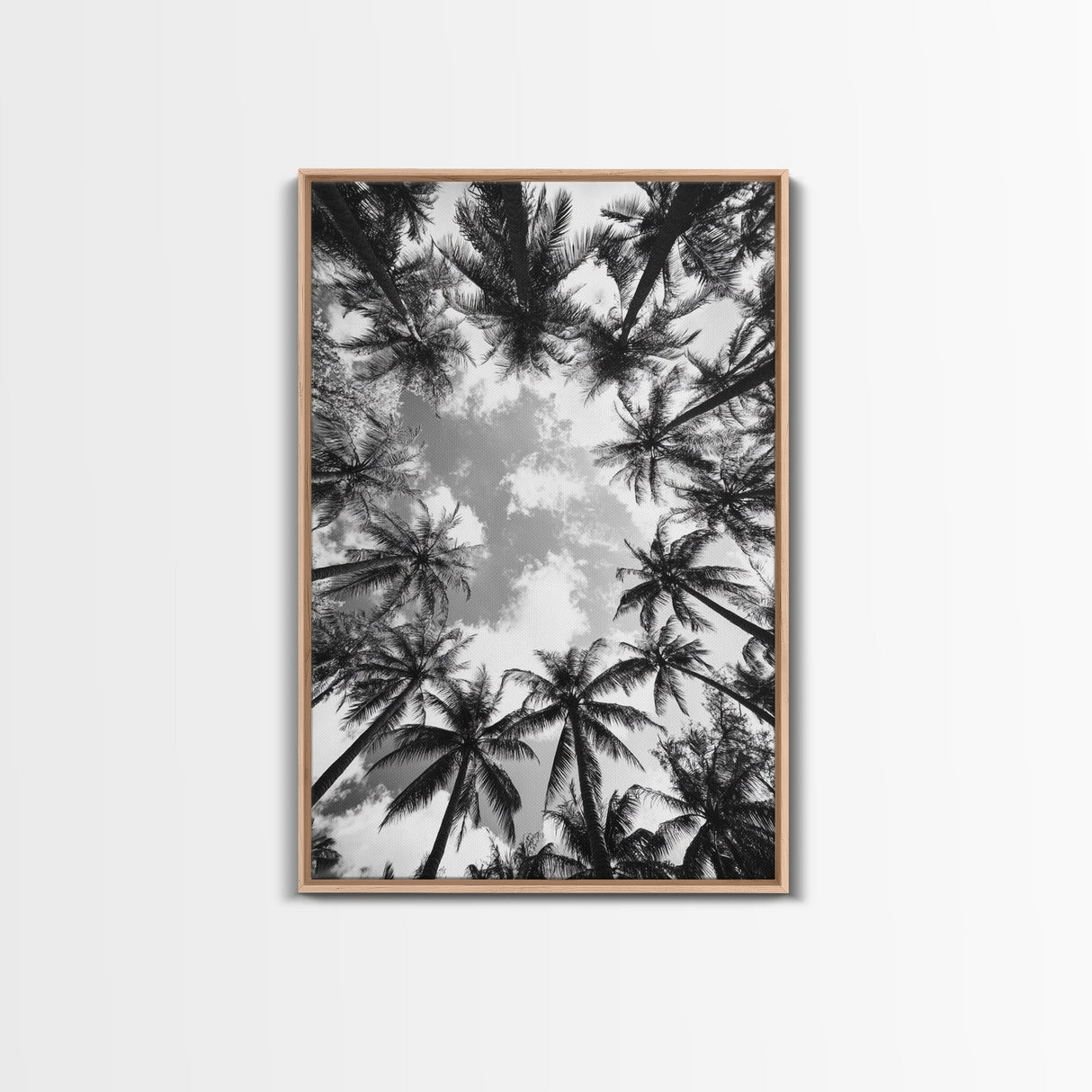 Palm Tree Sky, Tropical Canopy, Black and White Island View, Jungle Overhead Scene, Framed Canvas Print, Bathroom Wall Art, Beach Boho Decor