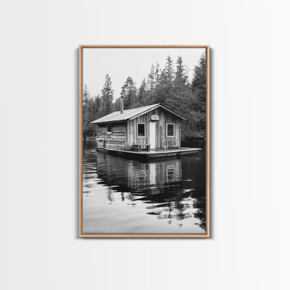 Floating Cabin, Lake House, Forest Reflection, Tranquil Waters, Framed Canvas Print, Bedroom Wall Art, Cabin Aesthetic, Rustic Nature Vibe