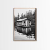 Floating Cabin, Lake House, Forest Reflection, Tranquil Waters, Framed Canvas Print, Bedroom Wall Art, Cabin Aesthetic, Rustic Nature Vibe