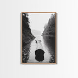 Driftwood Log, River Pass, Nature Silence, Misty Gorge, Framed Canvas Print, Office Wall Art, Modern Nature Decor, Moody Forest Style