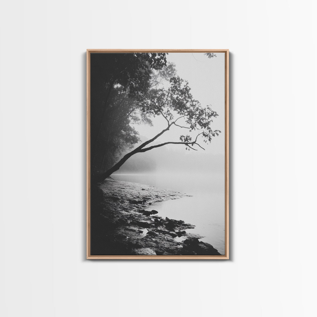 Misty Tree, Shoreline Fog, Forest Edge, Moody Atmosphere, Framed Canvas Print, Bedroom Wall Art, Autumn Woodland Style, Serene Nature Decor