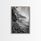 Foggy Coast, Moody Shore, Tranquil Pebbles, Forest Water, Framed Canvas Print, Bathroom Wall Art, Nature Photography Style, Calm Retreat Decor
