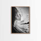 Ocean Wave Curl, Sea Barrel Art, Surf Power Print, Framed Canvas Print, Bathroom Wall Art, Modern Beach Decor, Black White Seascape