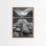 Mountain Lake Log, Alpine Serenity Scene, Tranquil Rock Shore, Canvas Print, Bedroom Wall Art, Nature Retreat, Minimalist Landscape