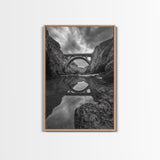 Stone Bridge, Reflections, River Archway, Nature Drama, Framed Canvas Print, Landscape Wall Art, Monochrome Photography, Entryway Art