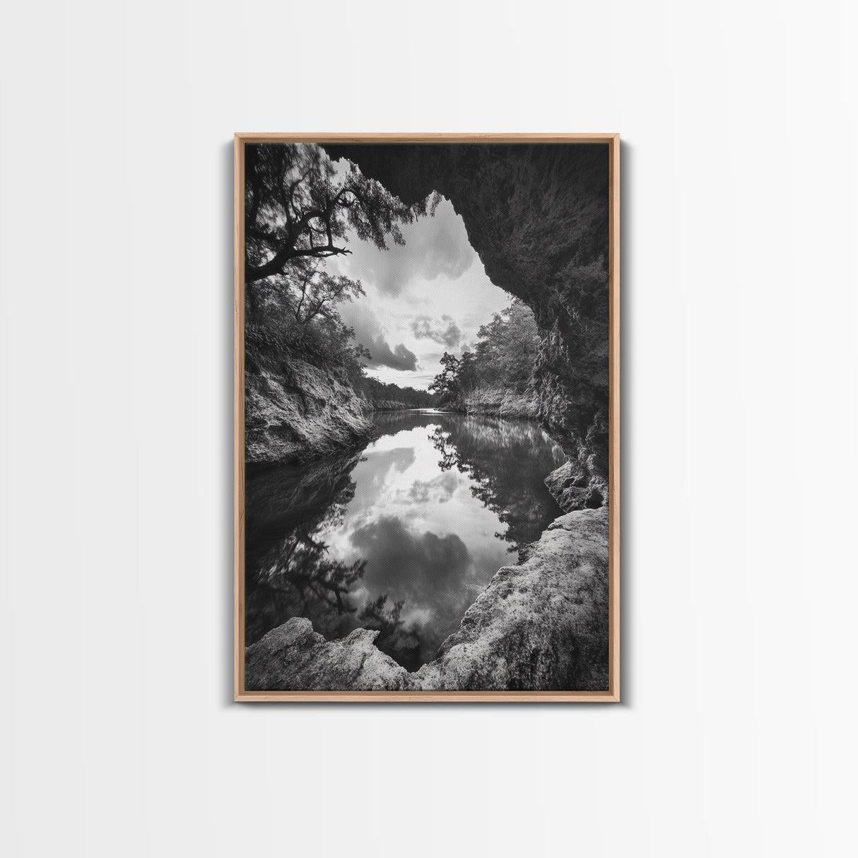 Serene River Reflection, Cave View, Monochrome Nature, Framed Canvas Print, Living Room Wall Art, Tranquil Landscape, Minimalist Decor