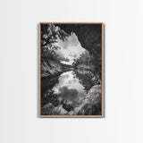 Serene River Reflection, Cave View, Monochrome Nature, Framed Canvas Print, Living Room Wall Art, Tranquil Landscape, Minimalist Decor