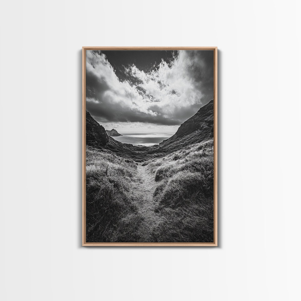 Highland Ocean Trail, Dramatic Clouds, Monochrome Nature, Canvas Print, Office Wall Art, Adventure Landscape, Rustic Home Decor
