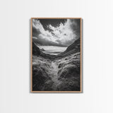 Highland Ocean Trail, Dramatic Clouds, Monochrome Nature, Canvas Print, Office Wall Art, Adventure Landscape, Rustic Home Decor