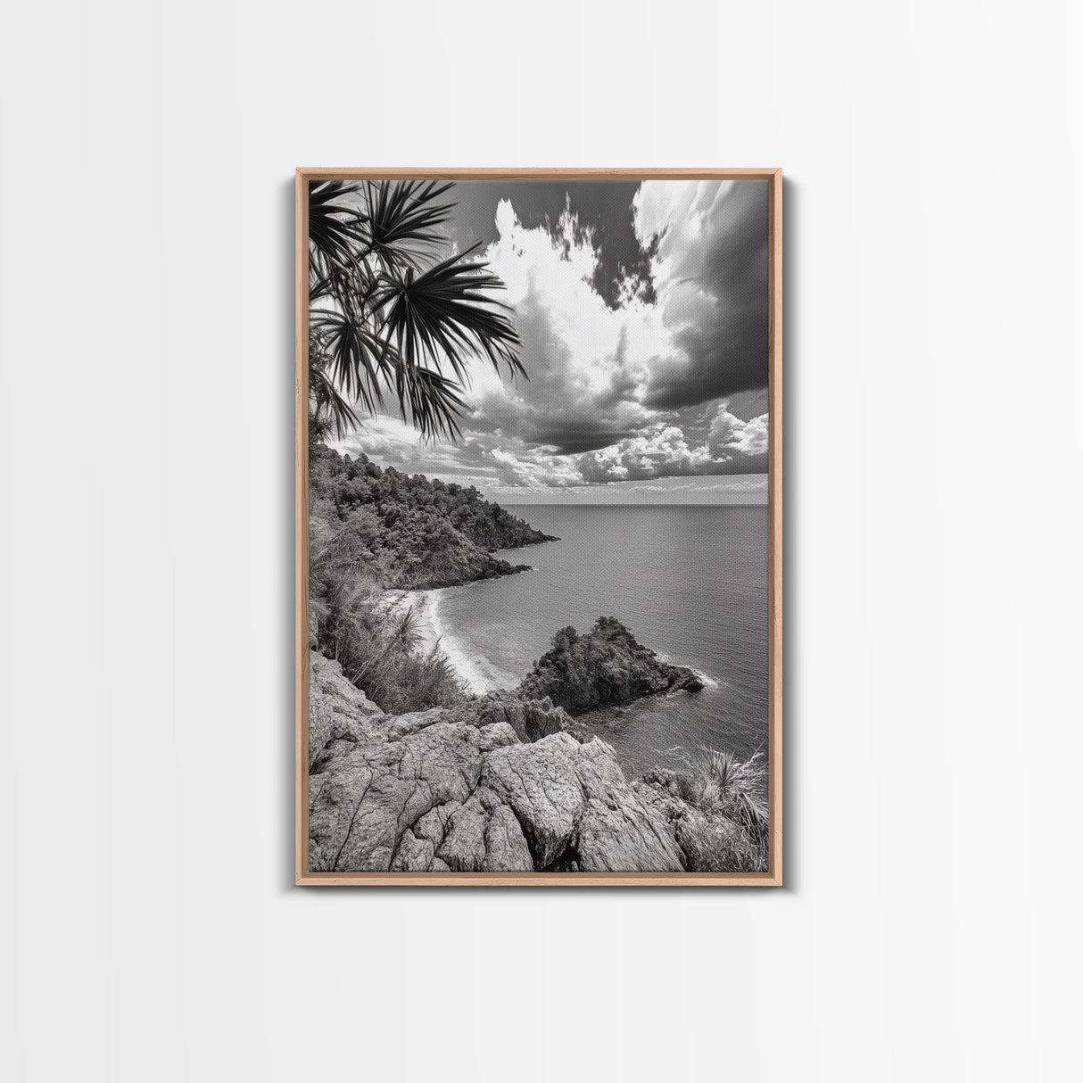 Island View Cliffs, Tropical Shoreline, Black and White Seascape, Framed Canvas Print, Bathroom Art, Travel Decor, Coastal Vibe