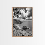 Island View Cliffs, Tropical Shoreline, Black and White Seascape, Framed Canvas Print, Bathroom Art, Travel Decor, Coastal Vibe