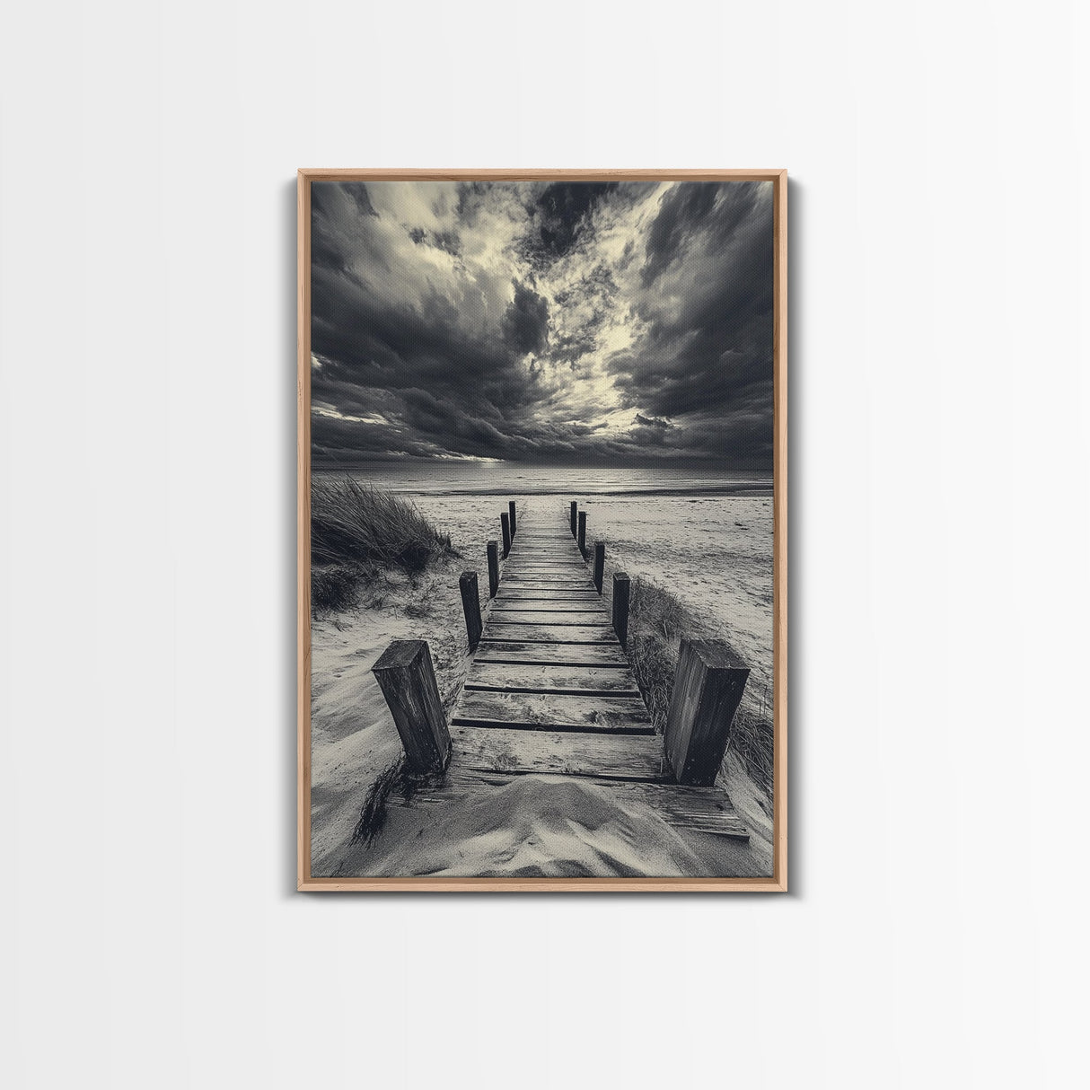 Stormy Beach Dock, Dramatic Skies, Coastal Mood, Framed Canvas Print, Fall Wall Art, Entryway Decor, Moody Seascape, Rustic Coastal Home