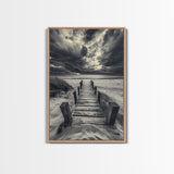 Stormy Beach Dock, Dramatic Skies, Coastal Mood, Framed Canvas Print, Fall Wall Art, Entryway Decor, Moody Seascape, Rustic Coastal Home