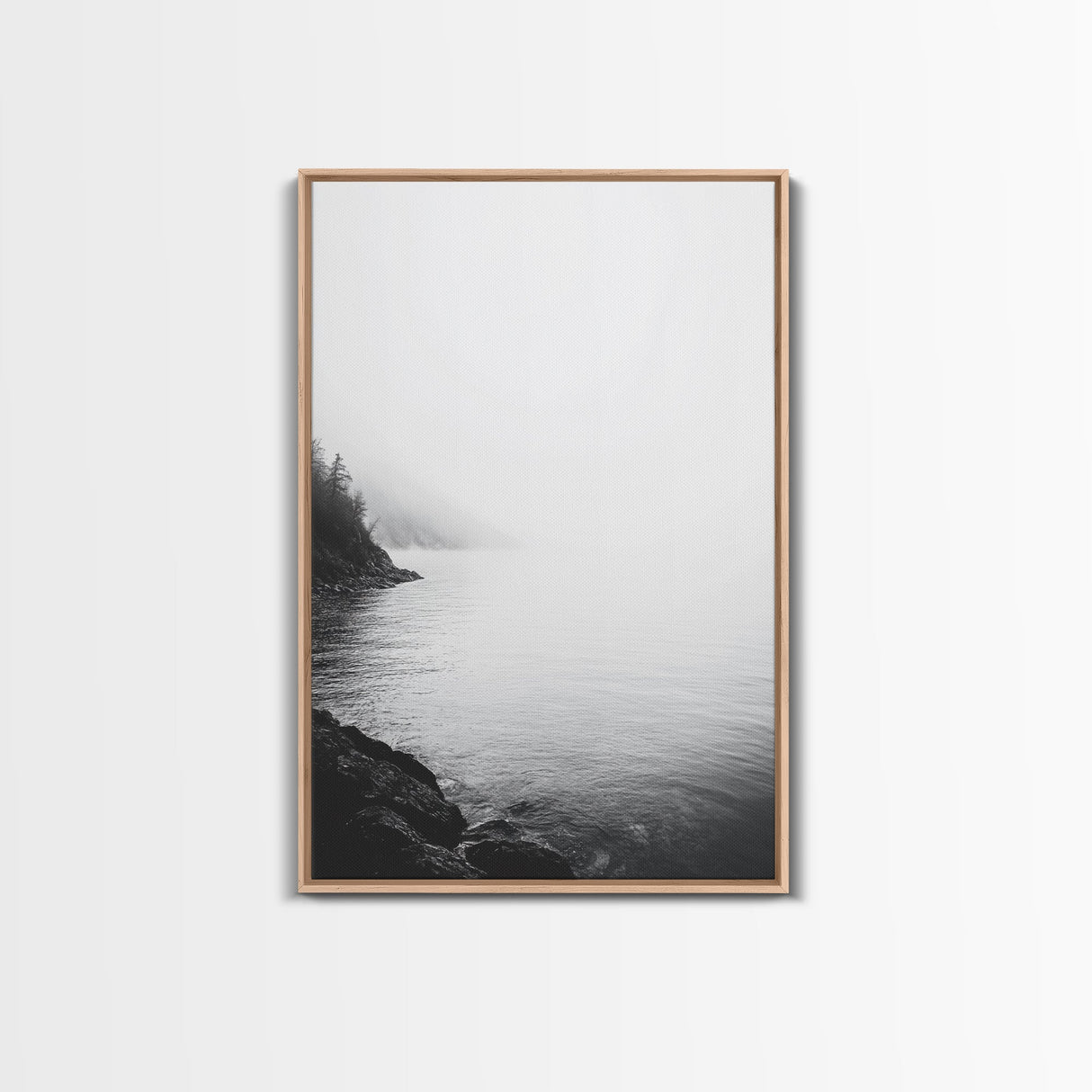 Misty Lakeshore, Foggy Forest Water, Monochrome Tranquility, Framed Canvas Print, Minimalist Art, Calm Landscape, Bedroom Wall Decor