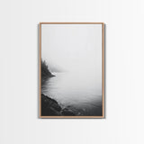 Misty Lakeshore, Foggy Forest Water, Monochrome Tranquility, Framed Canvas Print, Minimalist Art, Calm Landscape, Bedroom Wall Decor