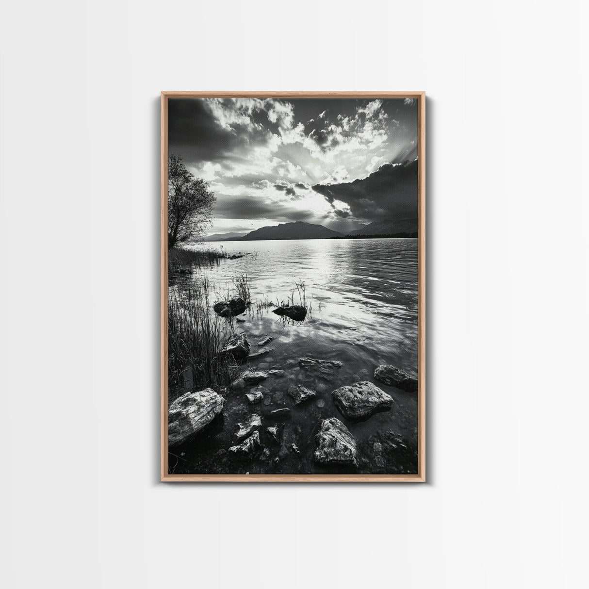 Lake Sunset View, Peaceful Mountainscape, Nature Reflection, Framed Canvas Print, Living Room Wall Art, Tranquil Scenic Landscape