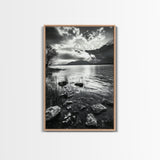 Lake Sunset View, Peaceful Mountainscape, Nature Reflection, Framed Canvas Print, Living Room Wall Art, Tranquil Scenic Landscape