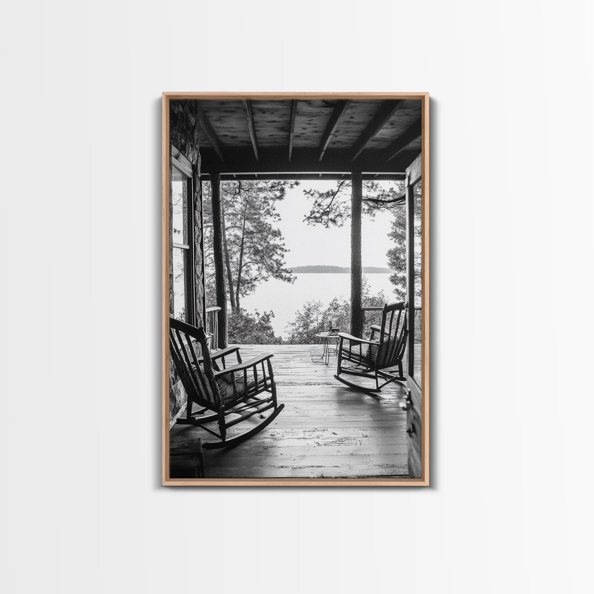 Rustic Porch View, Cabin Serenity, Lakefront Rocking Chairs, Framed Canvas Print, Farmhouse Wall Art, Living Room Decor, Fall Home Style