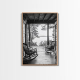 Rustic Porch View, Cabin Serenity, Lakefront Rocking Chairs, Framed Canvas Print, Farmhouse Wall Art, Living Room Decor, Fall Home Style