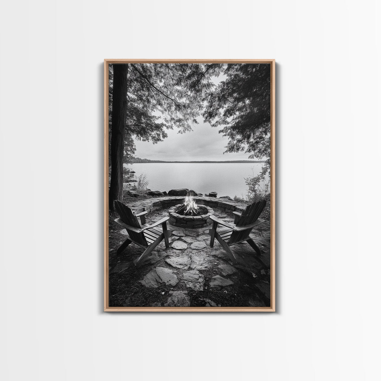 Campfire Lake Night, Adirondack Chairs, Wilderness Glow, Framed Canvas Print, Outdoor Living Wall Art, Cabin Decor, Autumn Retreat Art