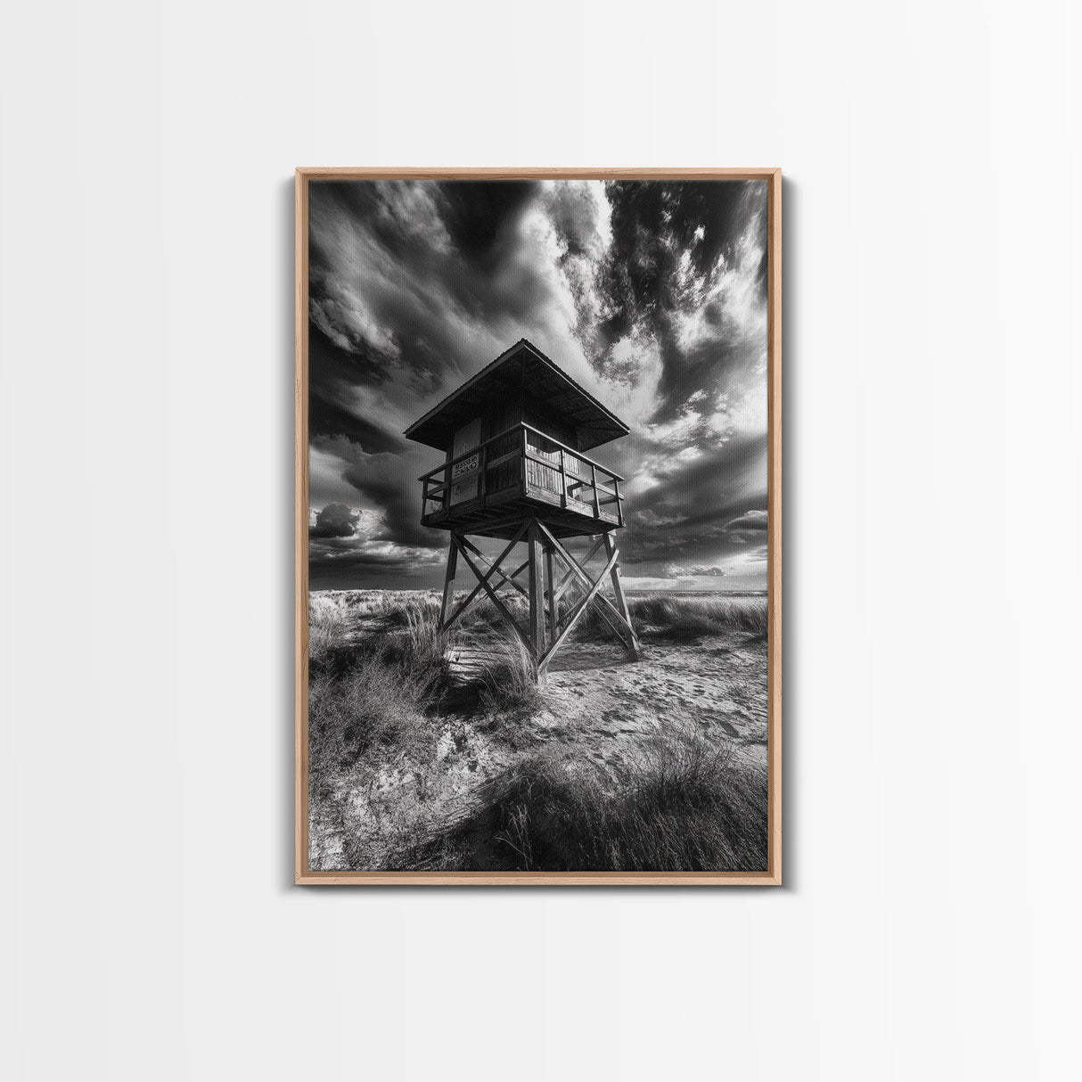 Lifeguard Tower Drama, Windy Beach Sky, Ocean Landscape, Canvas Print, Coastal Wall Art, Moody Surreal Decor, Living Room Statement Art