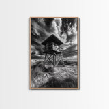 Lifeguard Tower Drama, Windy Beach Sky, Ocean Landscape, Canvas Print, Coastal Wall Art, Moody Surreal Decor, Living Room Statement Art