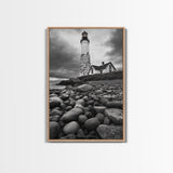 Lighthouse Shore Rocks, Coastal Beacon, Moody Clouds, Framed Canvas Print, Nautical Wall Art, Rustic Beach House Decor, Fall Storm Style