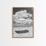 Beach Umbrella, Sunny Escape, Coastal Cloudscape, Framed Canvas Print, Summer Vibe Wall Art, Outdoor Living Decor, Travel Mood