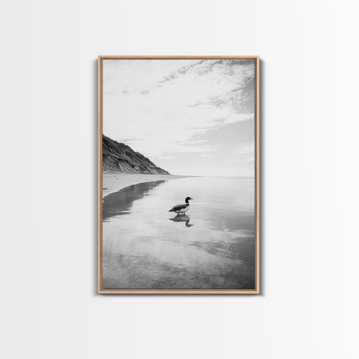 Lone Loon, Quiet Reflection, Coastal Bird, Framed Canvas Print, Nature Wall Art, Bathroom Decor, Serene Black and White Art