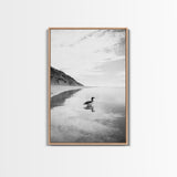 Lone Loon, Quiet Reflection, Coastal Bird, Framed Canvas Print, Nature Wall Art, Bathroom Decor, Serene Black and White Art
