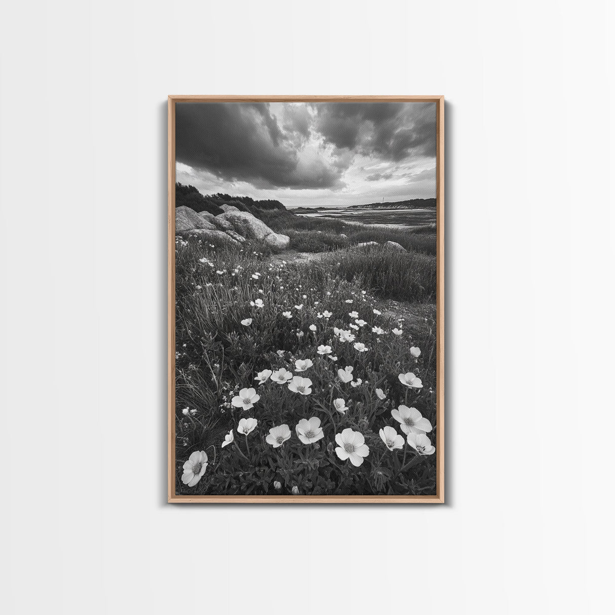 Meadow Bloom, Coastal Flowers, Stormy Sky, Framed Canvas Print, Spring Wall Art, Nature Photography, Kitchen Botanical Decor