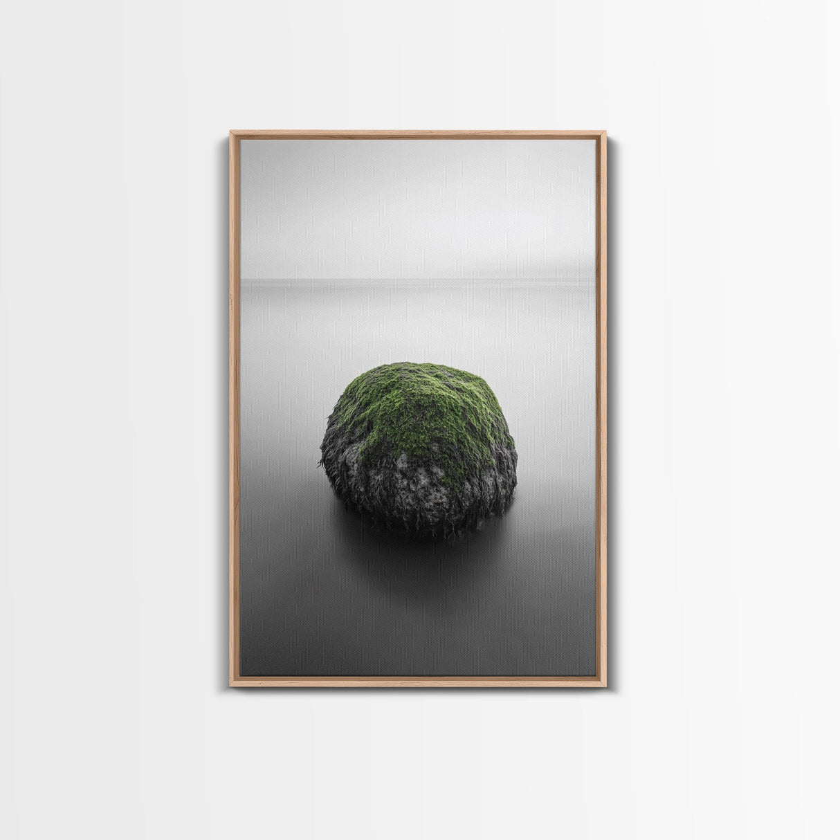 Moss Rock Minimal, Green Accent Art, Coastal Zen Decor, Framed Canvas Print, Modern Neutral Room, Nature Wall Aesthetic