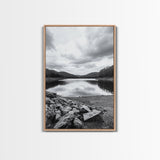 Misty Lake View, Peaceful Reflections, Nature Tranquility, Framed Canvas Print, Bedroom Wall Art, Black and White Landscape, Minimalist Art