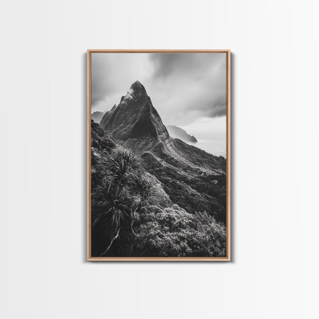 Lush Mountain Range, Cloud Covered Peaks, Jungle Tranquility, Framed Canvas Print, Entryway Wall Art, Black and White Nature, Boho Wall Art