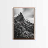 Lush Mountain Range, Cloud Covered Peaks, Jungle Tranquility, Framed Canvas Print, Entryway Wall Art, Black and White Nature, Boho Wall Art