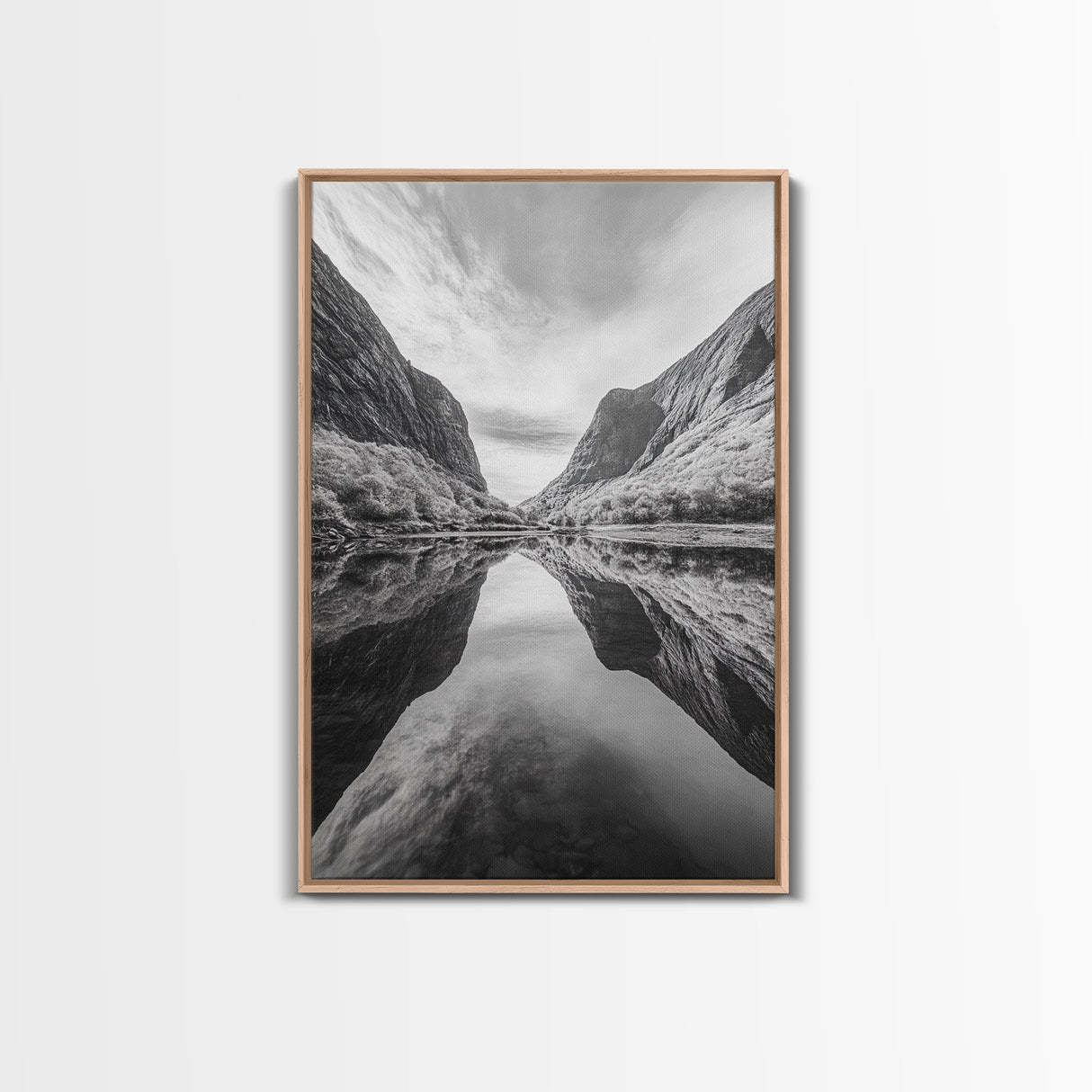 Fjord Reflection, Mountain Valley Calm, Mirror Lake, Canvas Print, Hallway Wall Art, Scandinavian Style Art, Black and White Minimalist