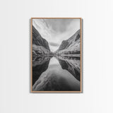 Fjord Reflection, Mountain Valley Calm, Mirror Lake, Canvas Print, Hallway Wall Art, Scandinavian Style Art, Black and White Minimalist