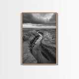 Winding Stream, Grassy Dunes, Ocean Horizon, Canvas Print, Kitchen Wall Art, Black and White Nature Scene, Coastal Rustic Decor