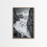 Stormy Coast, Crashing Waves, Ocean Drama, Framed Canvas Print, Living Room Wall Art, Bold Seascape Photography, Monochrome Modern Art