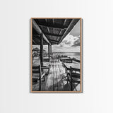 Seaside Café, Coastal Patio, Ocean View, Canvas Print, Rustic Kitchen Wall Art, Tropical Dining Decor, Travel Lifestyle Art