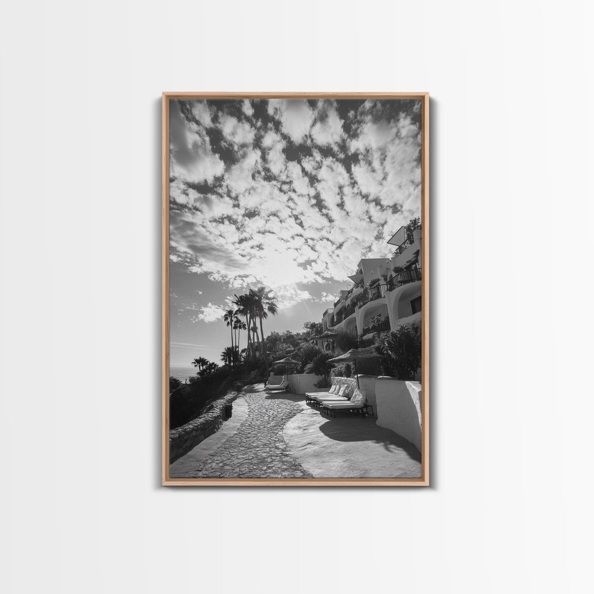 Mediterranean Villa, Palm Tree Art, Coastal Pathway, Framed Canvas Print, Living Room Decor, Summer Wall Art, Black and White Photography