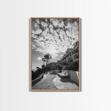 Mediterranean Villa, Palm Tree Art, Coastal Pathway, Framed Canvas Print, Living Room Decor, Summer Wall Art, Black and White Photography
